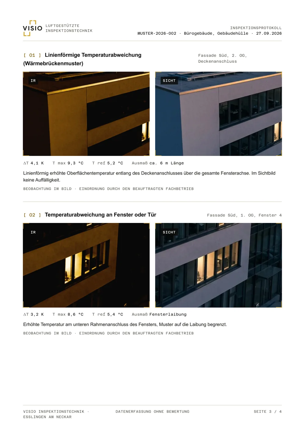 Befundseite des Musterprotokolls Gebäudethermografie