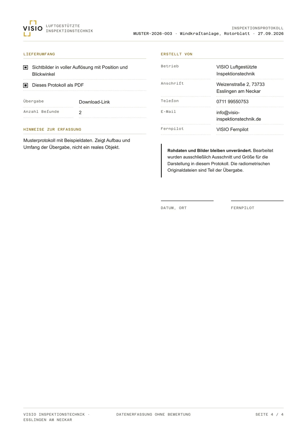 Übergabe des Musterprotokolls Inspektion & Zustandsdokumentation