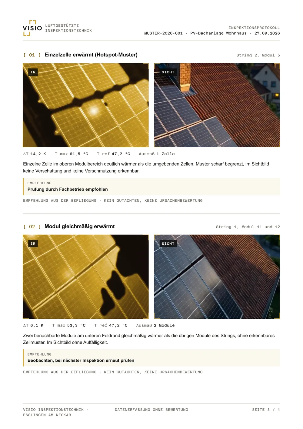 Befundseite des Musterprotokolls PV-Thermografie