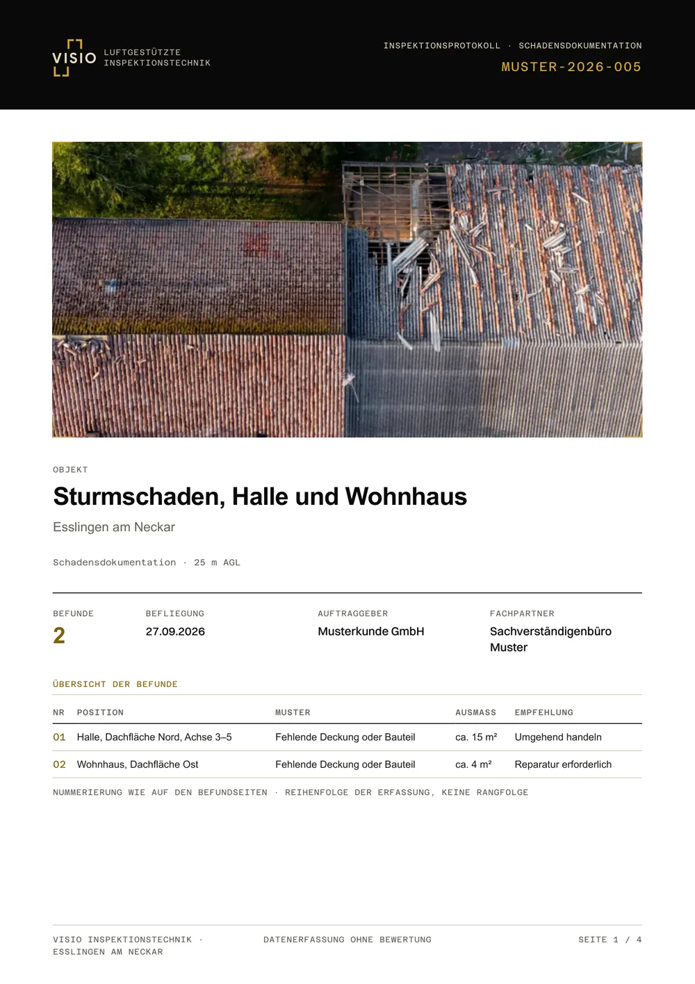 Deckblatt Musterprotokoll Dokumentation nach Schadensfällen