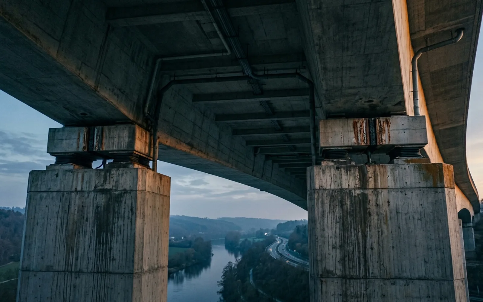 Unterseite einer Betonbrücke über einem Fluss aus der Drohne, Dämmerung