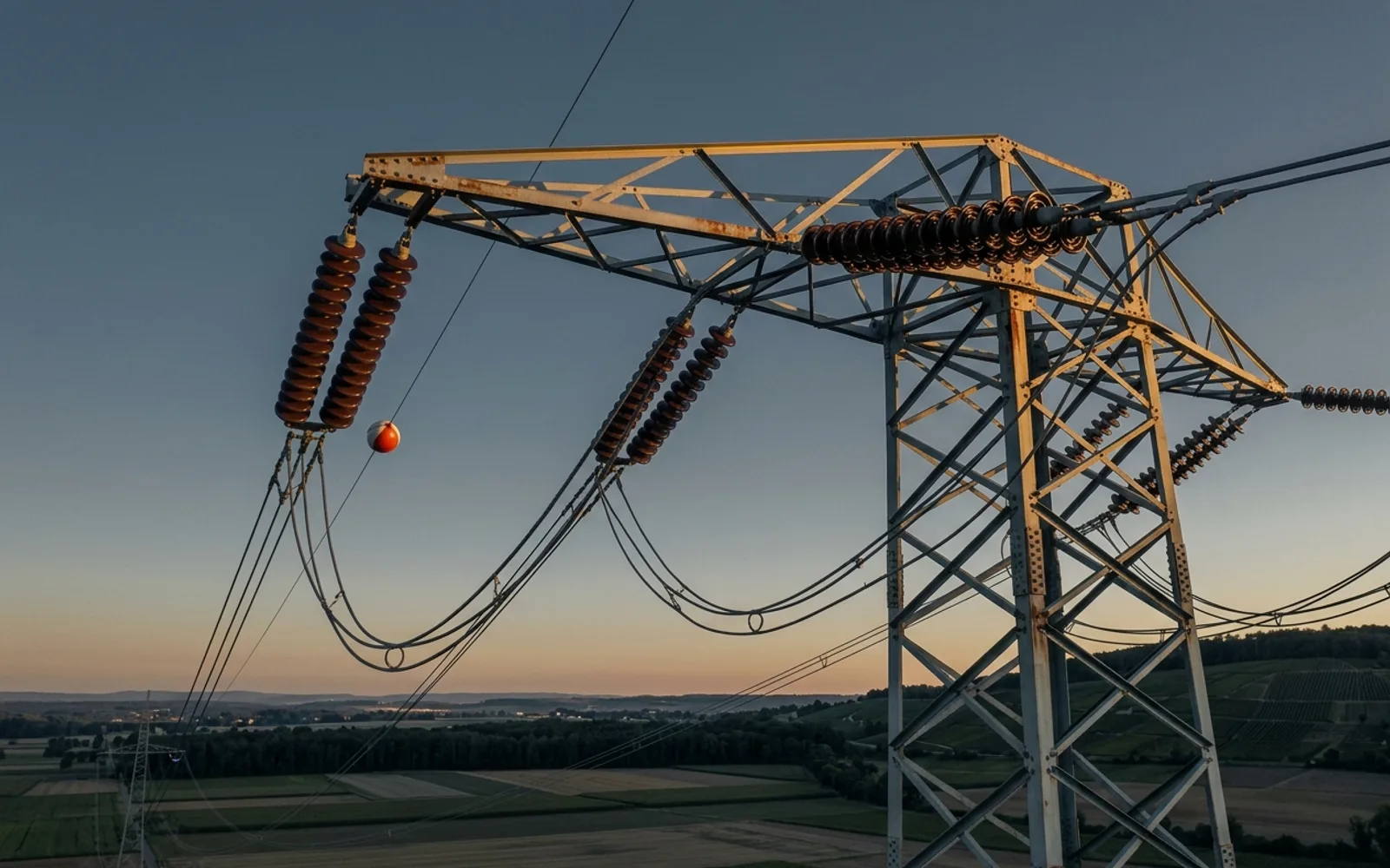 Stahlgittermast einer Freileitung aus der Drohne fotografiert, Dämmerung