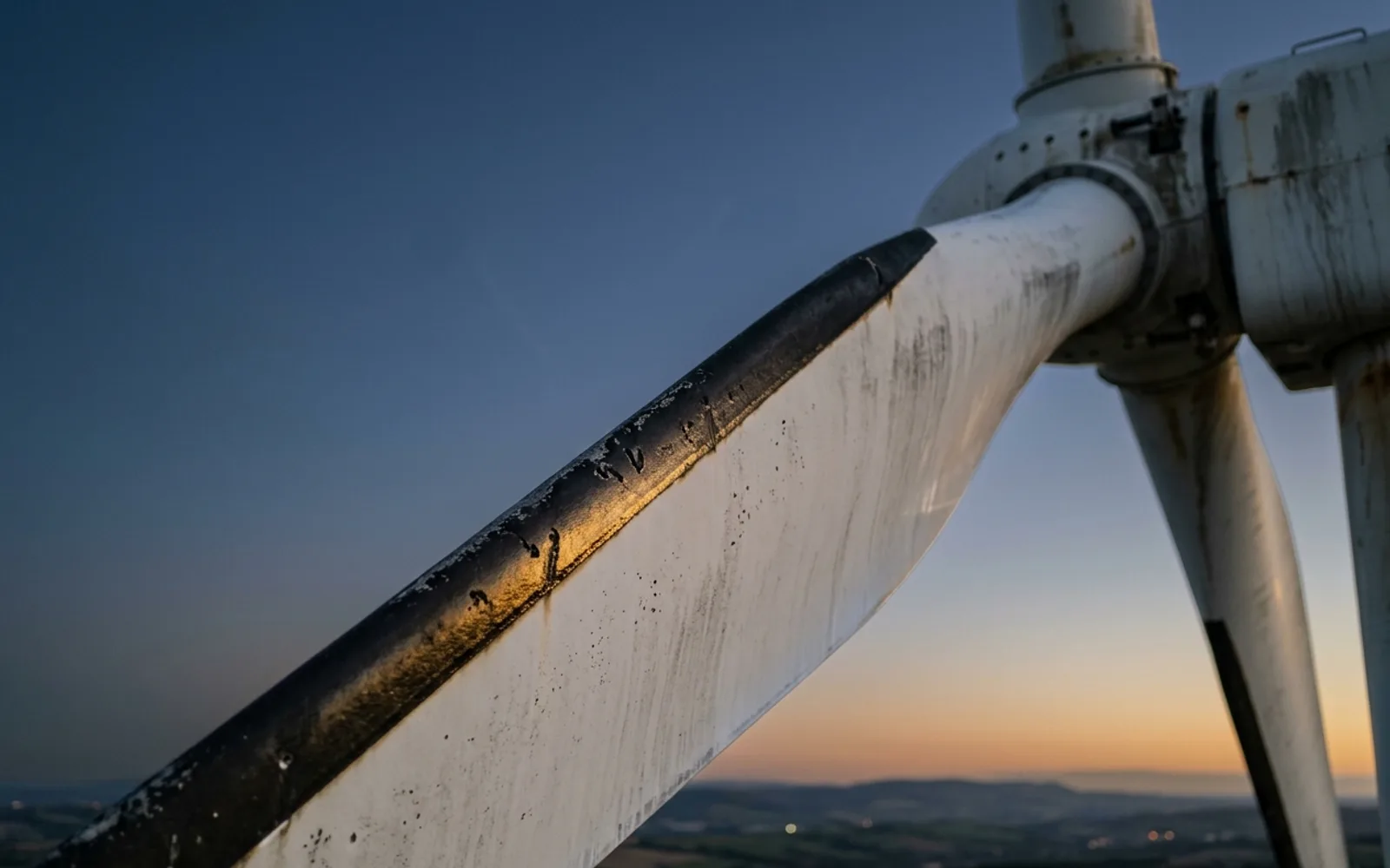 Rotorblatt und Nabe einer Windkraftanlage aus wenigen Metern Abstand, Drohnenaufnahme
